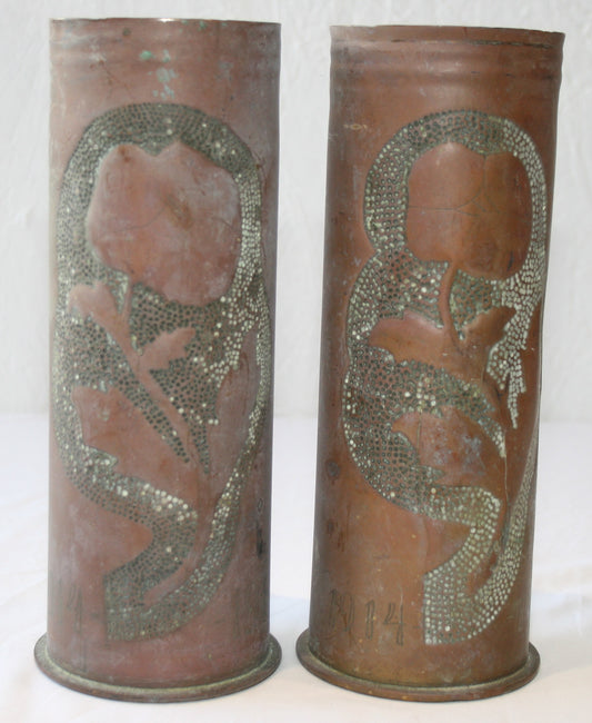 Pair of WWI shells decorated with poppies