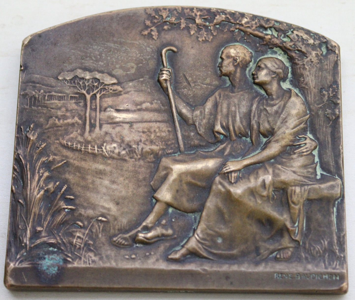 Rene Boudichon bronze plaque / medal 'Age and Youth' (Noces d'argent) circa 1904