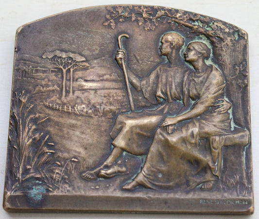 Rene Boudichon bronze plaque / medal 'Age and Youth' (Noces d'argent) circa 1904