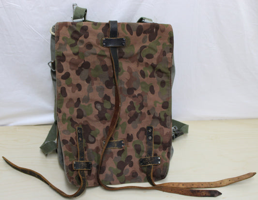 Vintage Ges Gesch post war Austrian army pea camo dot canvas / leather rucksack