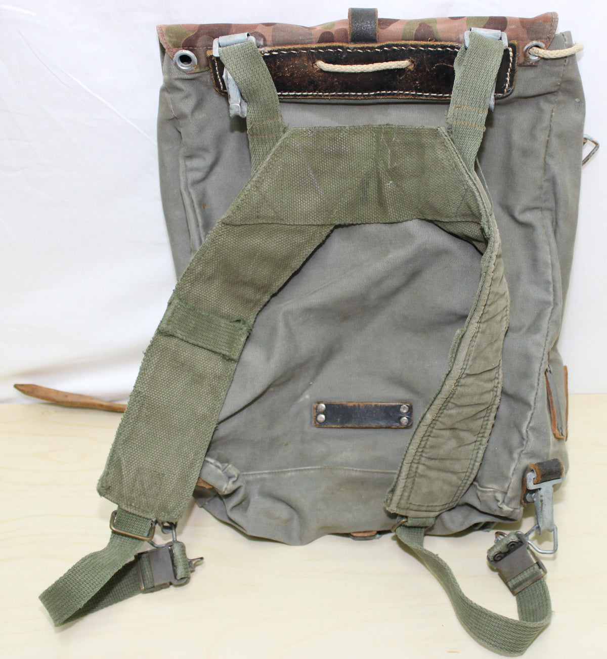 Vintage Ges Gesch post war Austrian army pea camo dot canvas / leather rucksack