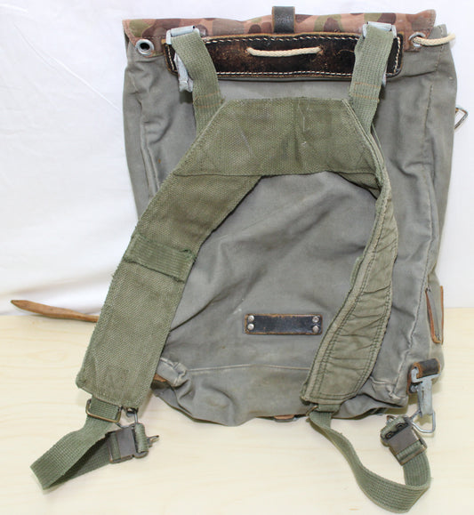 Vintage Ges Gesch post war Austrian army pea camo dot canvas / leather rucksack