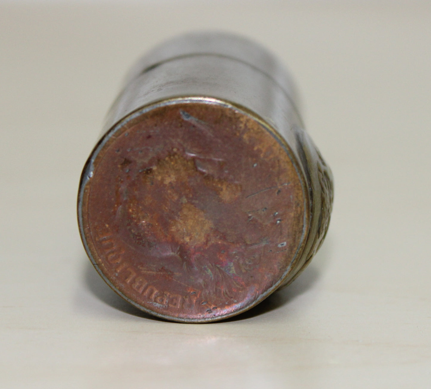 Antique Trench art lighter with coins for ends