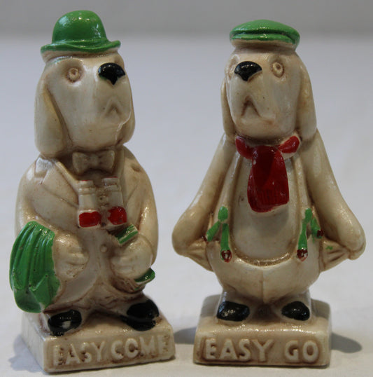 Pair of vintage dog figurines with 'Easy come', 'Easy go' mottos. Reg Des. 898374