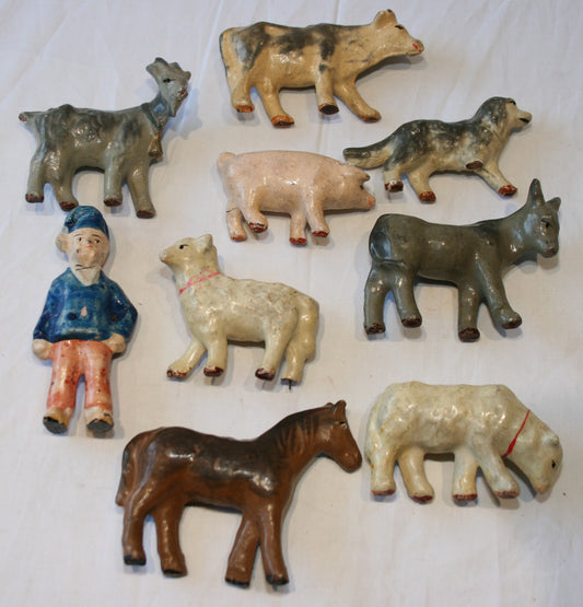 Collection of old French toy animals and farmer