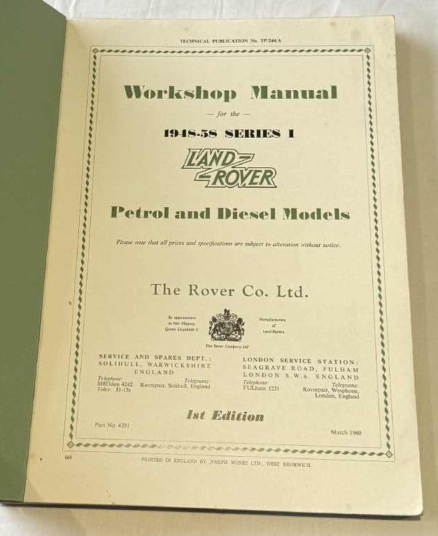 1960 Land Rover 1948-1958 Series I workshop manual - part no. 4291